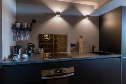 豪达ShortStay Gouda的厨房配有柜台、水槽和灯