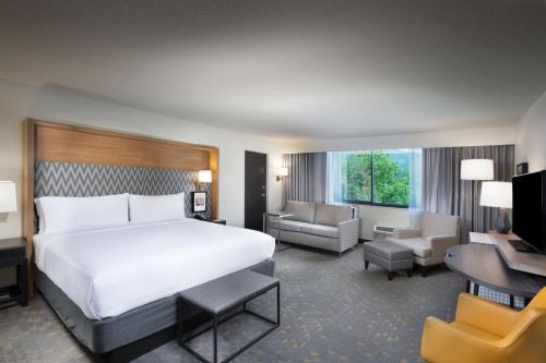 阿什维尔Holiday Inn Asheville East-Blue Ridge Pkwy, an IHG Hotel的酒店客房设有一张大床和一间客厅。