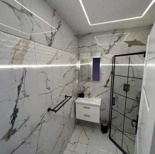 奥古斯图Apartamenty nad jeziorem Białym KA-BOATS的一间设有白色大理石墙壁和淋浴的浴室