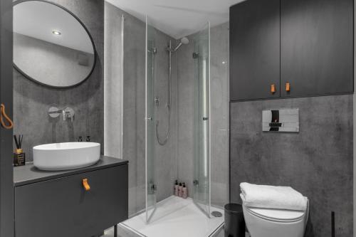 塞尔福斯Golden Circle Domes - Glamping Experience的带淋浴、卫生间和盥洗盆的浴室