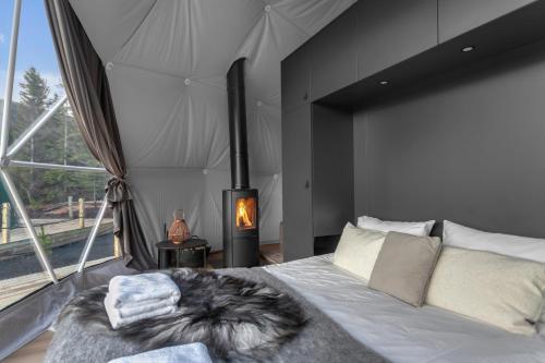 塞尔福斯Golden Circle Domes - Glamping Experience的一间卧室设有一张大床和壁炉