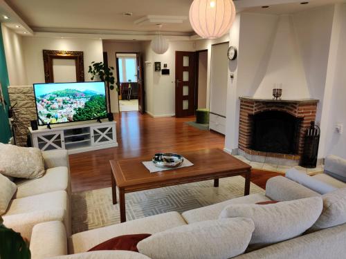 卡特琳娜霍尔姆Luxury Villa 130 m2的带沙发、电视和壁炉的客厅