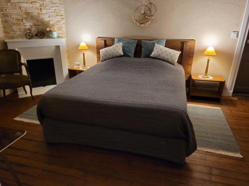 瓦兹河畔欧韦全景酒店的一间卧室设有一张大床和一个壁炉