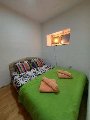 贝尔格莱德K2 Apartment的一张绿色的床,上面有两个枕头