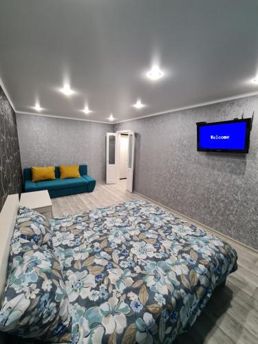 彼得罗巴甫洛夫斯克Однокомнатная квартира в центре Петропавловска的一间卧室配有一张床,墙上配有电视