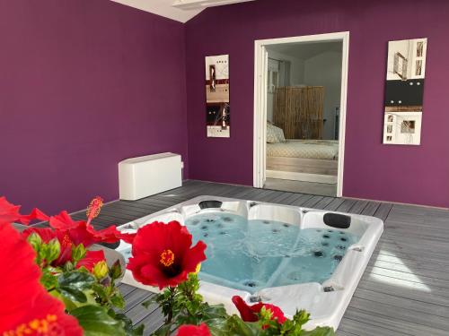 CessieuLe SPA de l Albizia的红色花房内的按摩浴缸
