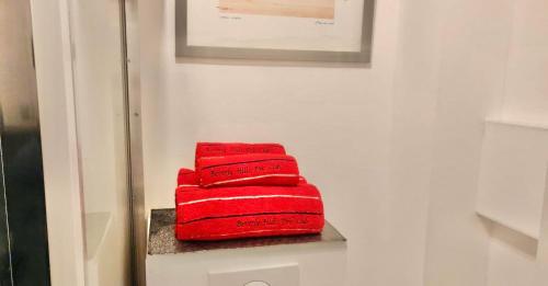 拉瓦勒L'Entrée des Artistes Studette avec terrasse - LAVALOC的堆放在架子上的红色枕头