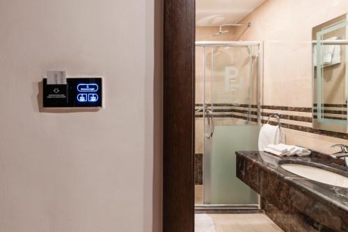 瓦迪穆萨Petra Elite Hotel的一间带水槽和淋浴的浴室