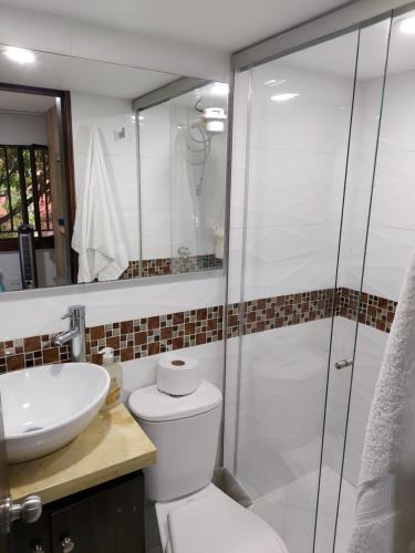 麦德林Apartaestudio Laureles - Viva Laureles的带淋浴、卫生间和盥洗盆的浴室