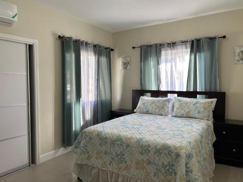 卢西Seamist villa @Oceanpointe Lucea comfy 2BR w/pool gym & parking的一间卧室设有一张床和两个窗户。