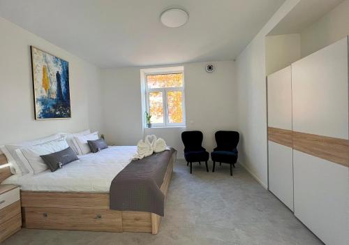 卢布尔雅那Villa Riverside的一间卧室配有一张带两把椅子的床和一扇窗户