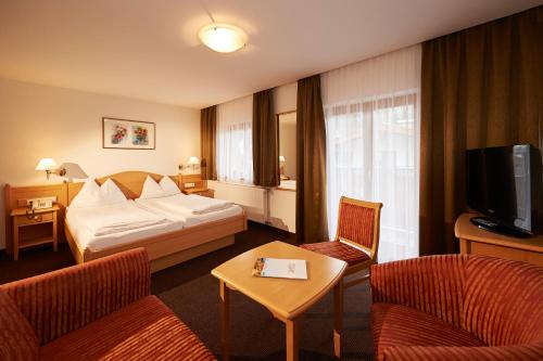 瓦格赖恩瓦格兰内霍夫酒店的酒店客房带一张床、椅子和电视