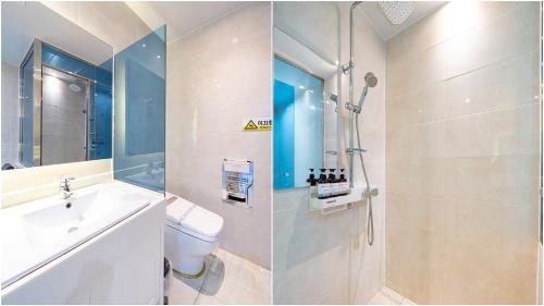 丽水市唯一酒店的浴室配有卫生间、盥洗盆和淋浴。
