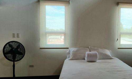 阿拉胡埃拉La Torre Azul的一间卧室配有一张带风扇和窗户的床。