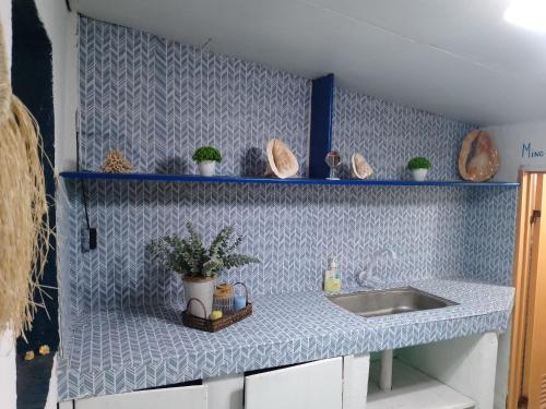 DaanbantayanLittle Sanity Beach house的厨房设有水槽和蓝色的墙壁