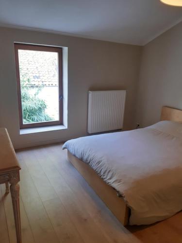 尼韦勒Maison cosy au centre de Nivelles的一间卧室设有一张大床和一个窗户。