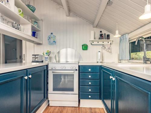 Brunshuse6 person holiday home in Haarby的厨房配有蓝色橱柜、炉灶和水槽。