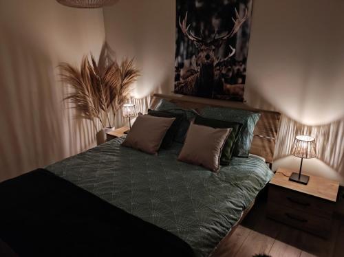 Gîte La Renéade的一间卧室配有一张床和两个带灯的床头柜