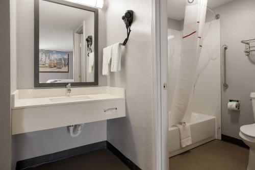 亚历山德里亚Red Roof Inn Alexandria, LA的一间带水槽、卫生间和镜子的浴室