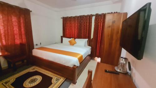 塔科拉迪Bassi Hotel的一间卧室配有一张床、一张书桌和一台电视