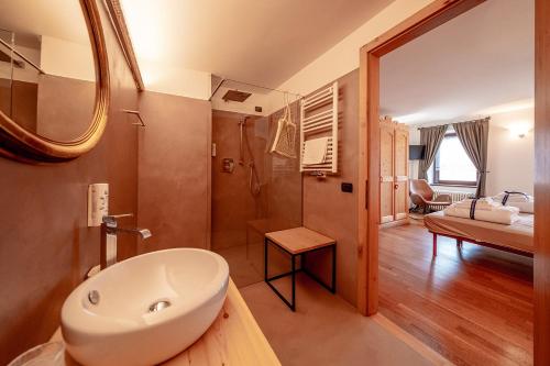 特伦托Agriturismo Mas dei Chini的一间带水槽和镜子的浴室