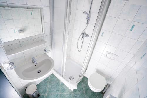 迈尔霍芬das Cityhouse的带淋浴、盥洗盆和卫生间的浴室