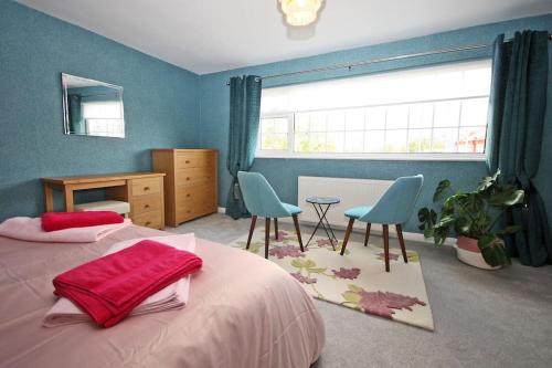 卡纳芬Rhoslan. Boutique style farmhouse in Snowdonia的一间卧室配有一张床、两把椅子和一个窗户