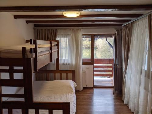阿尔杰什河畔库尔泰亚Dorul Pescarului的客房设有两张双层床和一扇窗户。