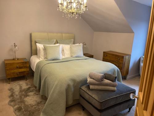 邓弗里斯River View的一间卧室配有一张大床和一个吊灯。