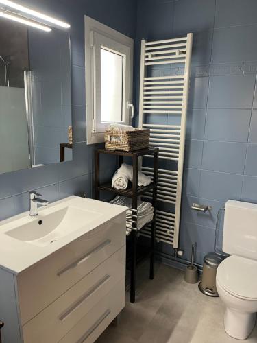 莫莱拉Villa Larosa的一间带水槽、卫生间和镜子的浴室