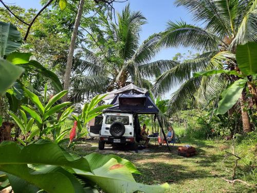 Palmar SurLa Muñequita Lodge 2 - culture & nature experience的一辆吉普车,后面有帐篷,在森林里