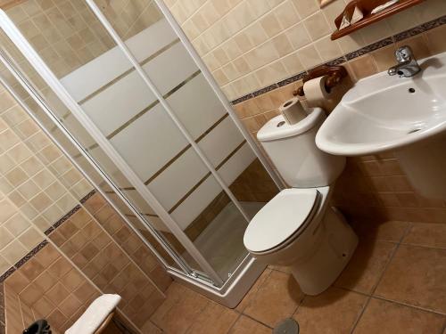里奥帕尔La Rueda的带淋浴、卫生间和盥洗盆的浴室