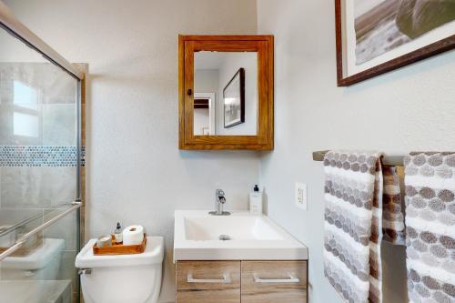 凤凰城A Place on Palm - Unit 5的一间带水槽、卫生间和镜子的浴室