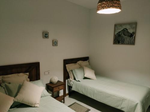 安特克拉VILLA CUQUI的一间卧室配有两张床和吊灯。