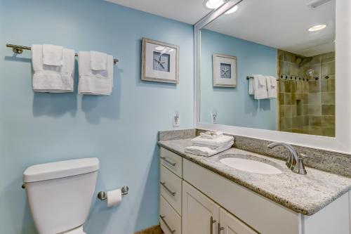 费南迪纳比奇KidFriendly Oceanview Condo的一间带卫生间、水槽和镜子的浴室