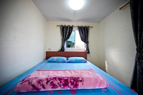 Ban Maeo Thap Boekไร่รักดอย ภูทับเบิก的一间卧室配有一张带粉红色和蓝色棉被的床