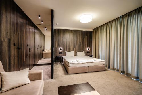 桑丹斯基Perun Hotel Sandanski的一间卧室配有一张床和一个沙发