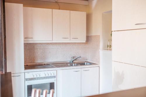 NeubulachGästehaus auf tollem Anwesen的厨房配有白色橱柜和水槽