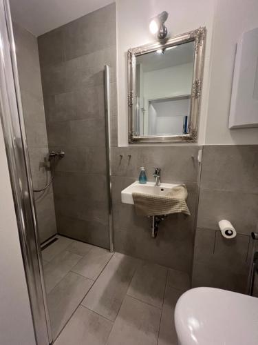 爱尔福特爱尔福特斯特拉公寓酒店的带淋浴、盥洗盆和镜子的浴室