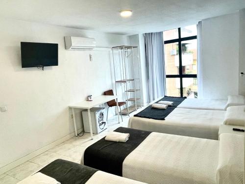平托贝内西亚膳食酒店的酒店客房设有三张床和电视。