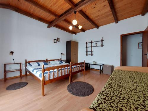 皮内兹齐Apartments Vilim的一间卧室设有两张床和木制天花板
