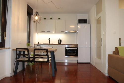 赞布雷提亚Apartments ZVEZDICA*** with garden的厨房配有桌椅和冰箱。
