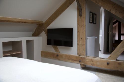 Les Basses MasuresCASAMAAS的一间卧室配有一张床和一台平面电视