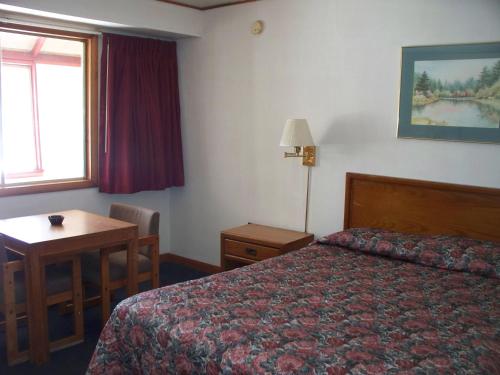 戴维斯Alpine Lodge的配有一张床、一张书桌和一扇窗户的酒店客房