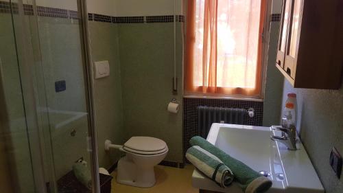 贝加莫Coccole&Bollicine的浴室配有卫生间、淋浴和盥洗盆。