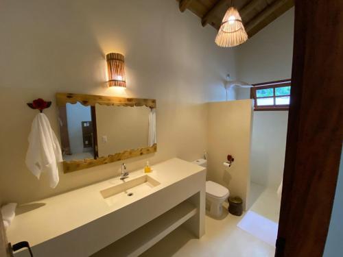 托兰克索Casa Harmonia, com 5 suítes em Trancoso-BA的一间带水槽、镜子和卫生间的浴室