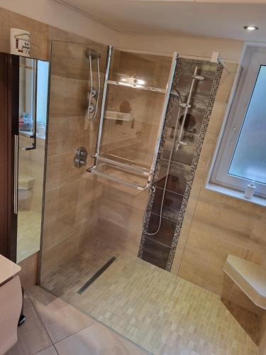 滨海圣帕莱Moulin Vieux的浴室里设有玻璃门淋浴