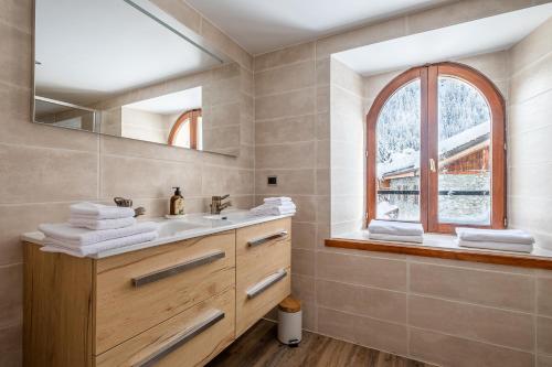 夏蒙尼-勃朗峰La Chapelle Aux Pieds Des Pistes的一间带水槽和镜子的浴室