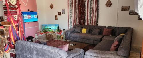 ShabīkahVilla Atlas Oasis的客厅设有两张沙发和一个鱼缸