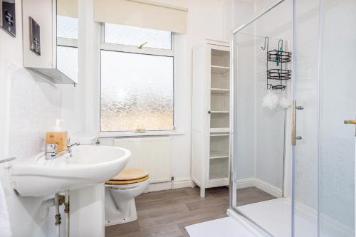 莱姆河下游的纽卡尔斯Stylish 3 Bedroom Central Property的一间带水槽和卫生间的浴室以及窗户。